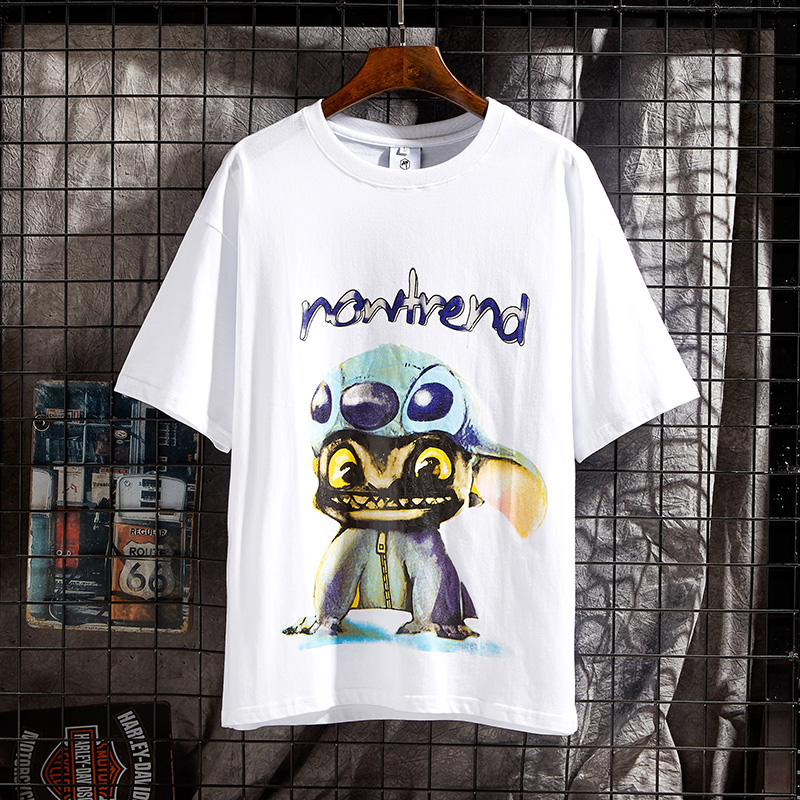 ins châu Âu và Mỹ ngắn tay đầu t-shirt nam đường hip-hop phim hoạt hình in lỏng nửa tay áo xu hướng năm điểm Nhật Bản in