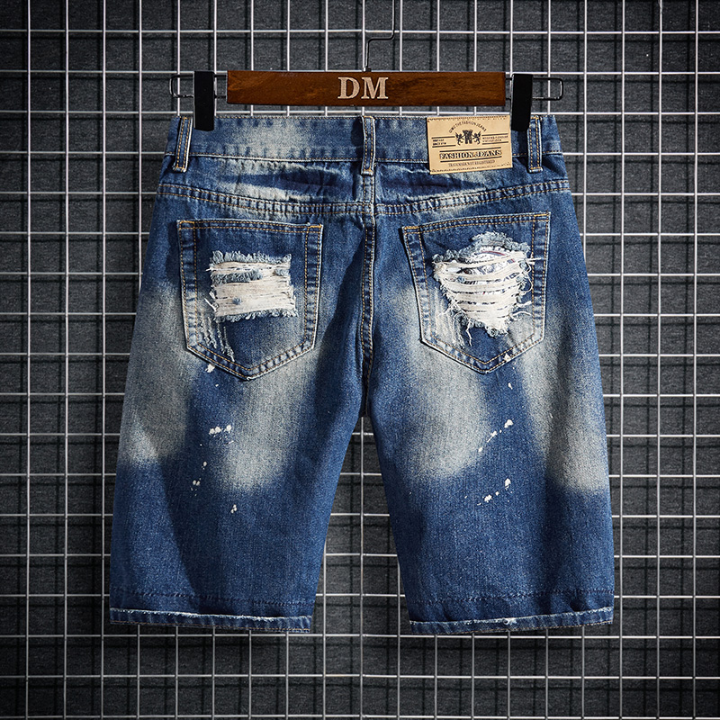 Summer lỗ màu xanh quần short denim nam thẳng thẻ đường xu hướng bf lỏng Hồng Kông gió đường phố giản dị mỏng giữa quần.