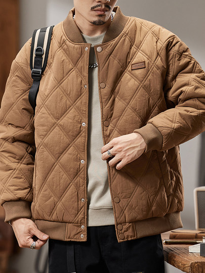 Men's Winter Cotton Jacket, American Retro Style, Coffee Color, Couple's Baseball Jacket, Trendy Brand, Diamond Plaid, Thickened and Warm Coat for Men
