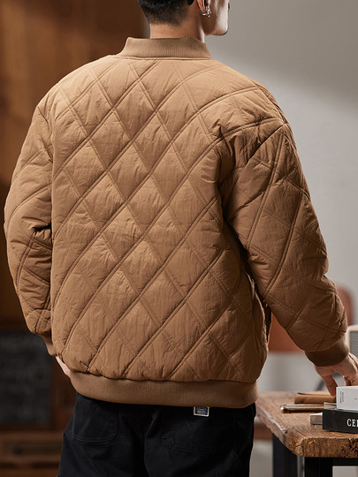 Men's Winter Cotton Jacket, American Retro Style, Coffee Color, Couple's Baseball Jacket, Trendy Brand, Diamond Plaid, Thickened and Warm Coat for Men