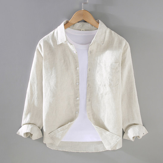 Linen Shirt for Men, Long-Sleeved, Early Autumn New Style, Lapel, Casual Outerwear, Men's Light Green, Stylish, Light Luxury Shirt