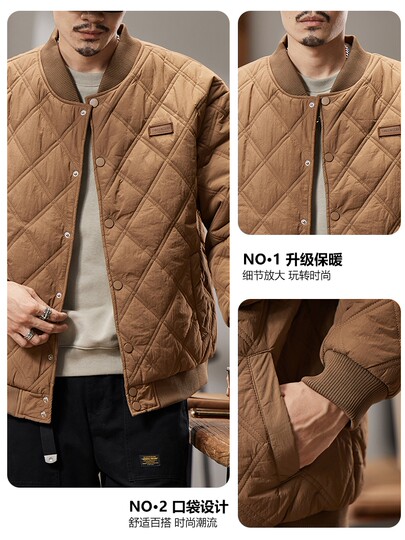 Men's Winter Cotton Jacket, American Retro Style, Coffee Color, Couple's Baseball Jacket, Trendy Brand, Diamond Plaid, Thickened and Warm Coat for Men