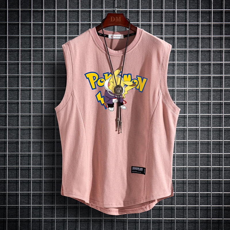 2020 mới mùa hè tay áo thun nam thể thao lỏng thường vest Hồng Kông cartoon gió vai cotton 100 t-shirt