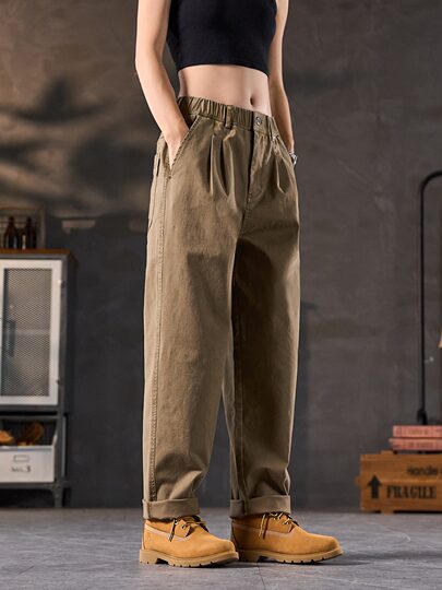 American retro casual pants for men in winter plus velvet loose straight pants for men, high-end simple and versatile work pants