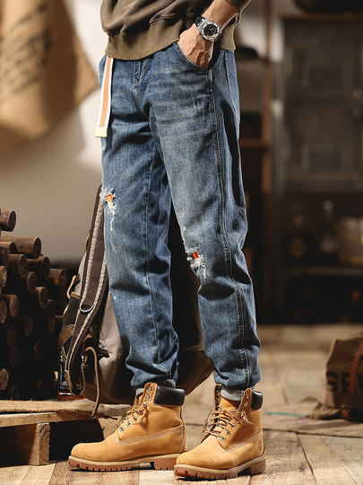 American retro workwear jeans for men in autumn straight ripped holes handsome heavyweight large size high street distressed wide leg pants