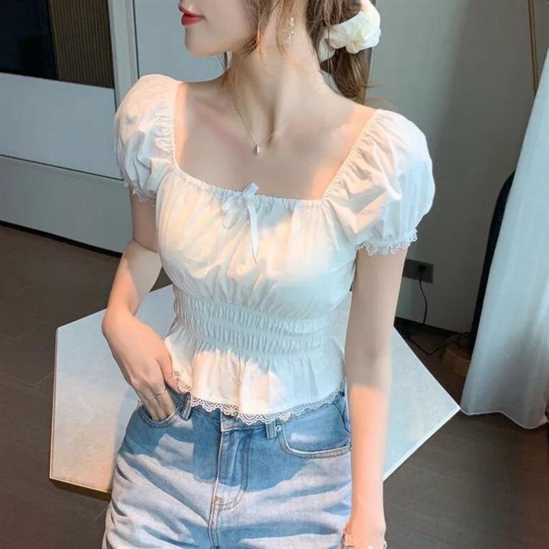 Unique Design Lace Puff Sleeve Ruched Shirt with Ruffles, Fitted Waist, Short Top for Women, Short-Sleeved, Trendy Summer Style Unique Design Lace Puff Sleeve Ruched Shirt with Ruffles, Fitted Waist, Short Top for Women, Short-Sleeved, Trendy Summer Style
