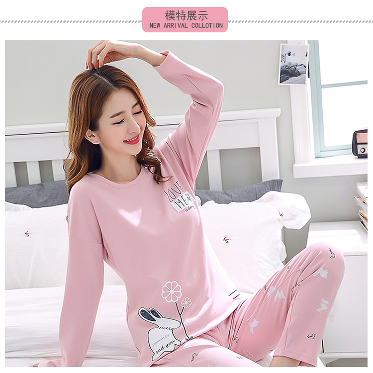 Quần dài tay đồ ngủ nữ cotton phù hợp với phim hoạt hình kích thước lớn mùa xuân và mùa thu cotton phục vụ nhà mặc thể thao hai mảnh xuong may do bo