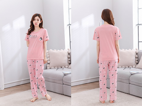 Quần short cotton tay ngắn thường xuyên thiết lập bộ phim hoạt hình nữ kích thước lớn mùa xuân và mùa hè mặc cotton phục vụ sinh viên đồ bộ trung niên