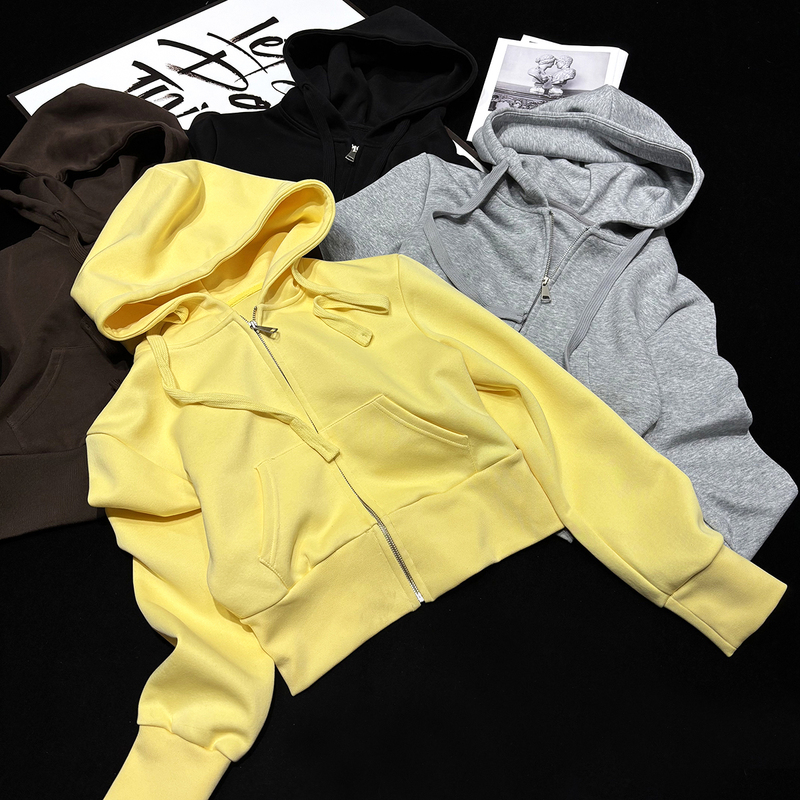 Cca LAOSHU American Retro Solid Color Slim-Fit Hooded Sweatshirt Short Versatile Waist-Cinching Zip-Up Sports Hoodie