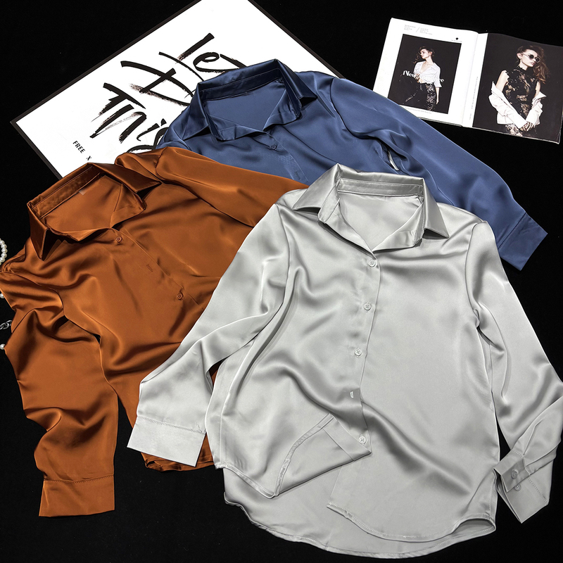 Cca LAOSHU Imitation Satin Glossy Acetate Shirt with a High-End Feel, Loose Long-Sleeved Satin Shirt for Women