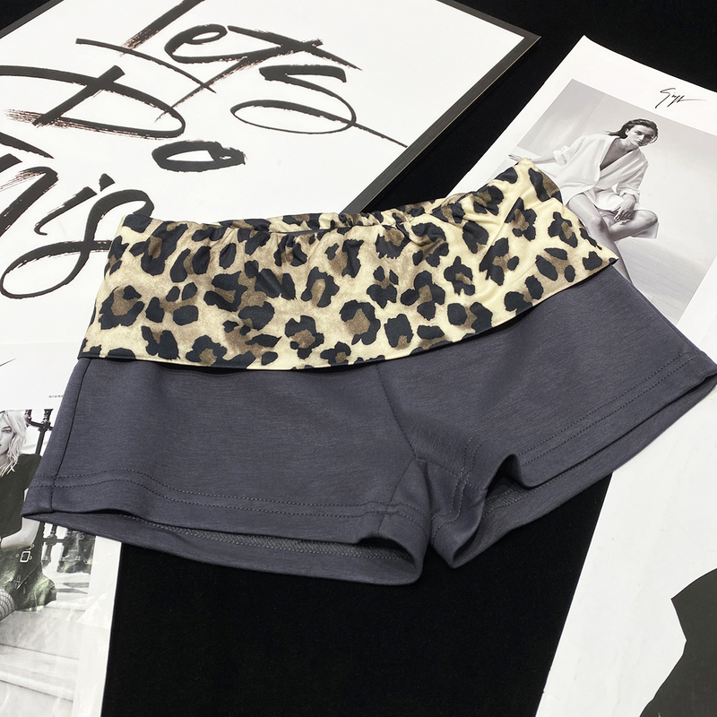 Cca LAOSHU Leopard Print Patchwork Cuffed Elastic Shorts Low-Waist Sexy Hot Girl Air Cotton Hot Pants Jogging Yoga Pants