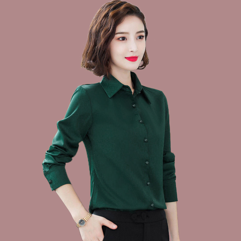 2026 Autumn New Style Dark Green Solid Color Shirt Women's Long Sleeve Elegant Slim Fit Plus Size Shirt Simple Base Shirt 2026 Autumn New Style Dark Green Solid Color Shirt Women's Long Sleeve Elegant Slim Fit Plus Size Shirt Simple Base Shirt