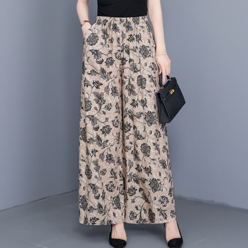 Summer Thin Cotton Wide-Leg Pants for Women, High-Waisted, Drapey, Nine-Point Skirt Pants, Plus Size, Slimming, for Middle-Aged and Elderly Mothers