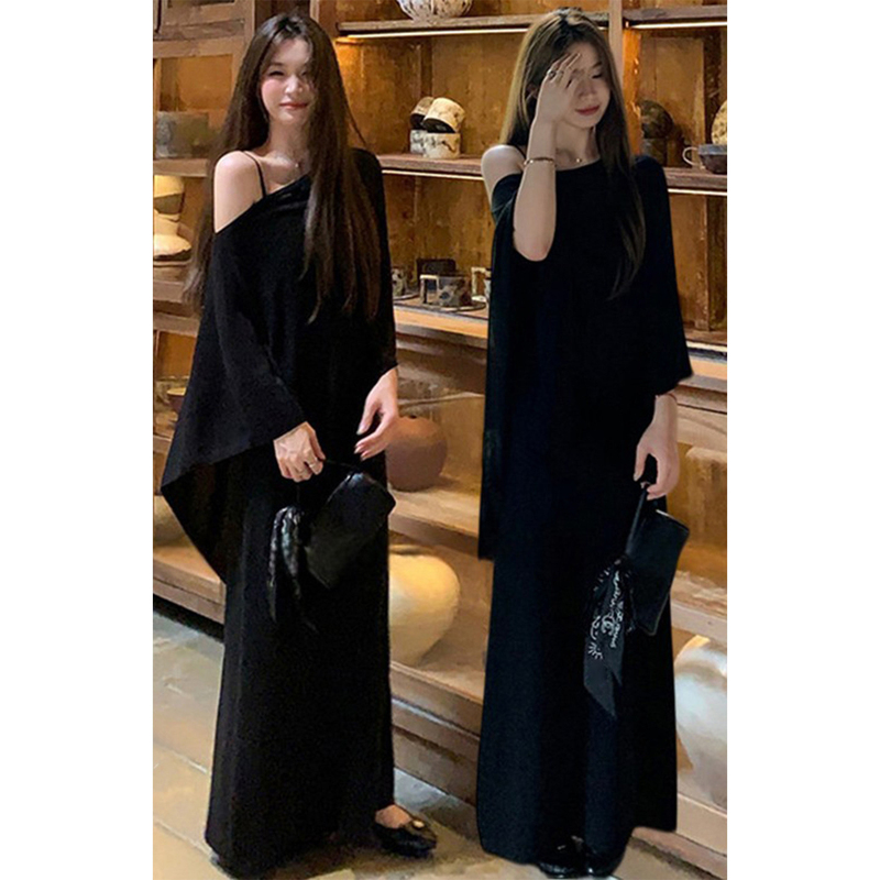 Black High-End Elegant Lazy Style Knitted Shawl Strap Dress for Women Early Autumn 2026 New Long Dress Black High-End Elegant Lazy Style Knitted Shawl Strap Dress for Women Early Autumn 2026 New Long Dress