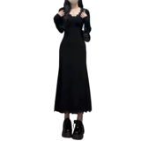 Атмосферное черное кружевное платье, длинная юбка, V-образный вырез, крой «рыбий хвост»