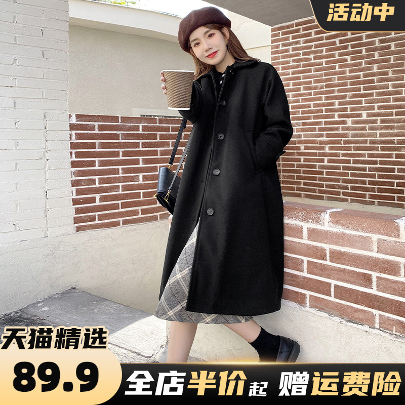 Versatile mid-length hepburn style black niche woolen coat early fall 2022 new small tweed coat