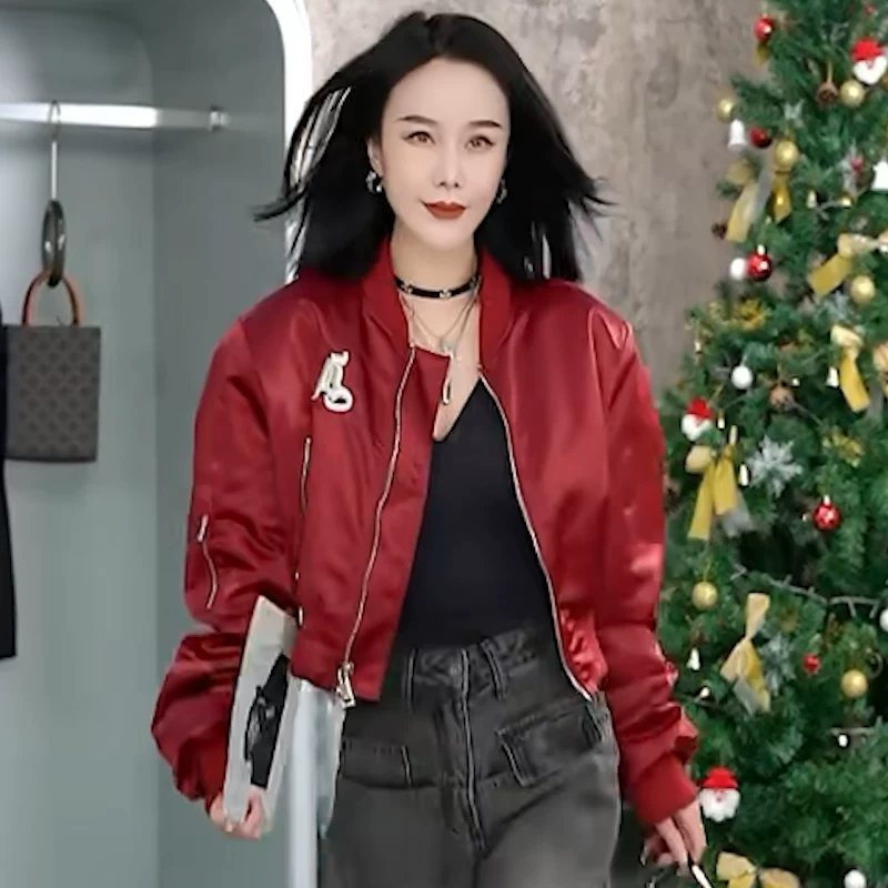 Fashionable autumn jacket, red short cardigan with zipper, set, European style