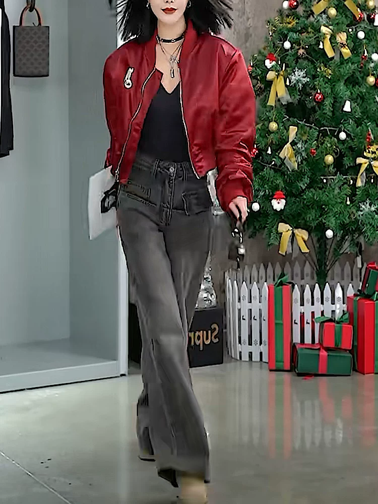 Fashionable autumn jacket, red short cardigan with zipper, set, European style