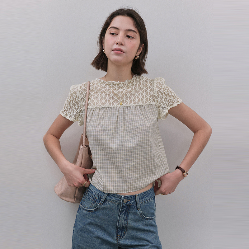 Mustard Pie Vooe Lace Patchwork Plaid Hollow Out Shirt for Women, New Summer Style, Elegant and Versatile Round Neck Top