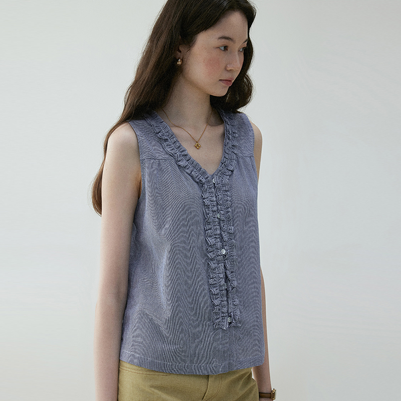 "Mustard Pie Vooe" French Front and Back Lace Vest Shirt for Women, Versatile Summer V Neck Sleeveless Top "Mustard Pie Vooe" French Front and Back Lace Vest Shirt for Women, Versatile Summer V Neck Sleeveless Top