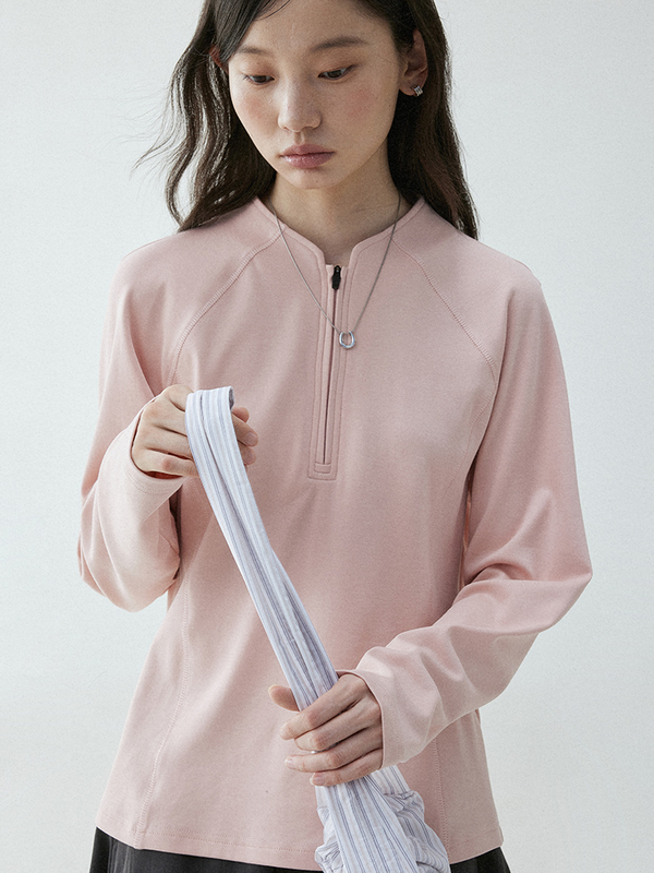 Mustard Pie Vooe Sweet Pink Half-Zip Slim-Fit T-Shirt for Women, New Spring Raglan Sleeve Top