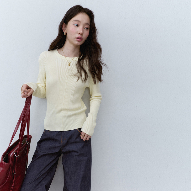 Mustard Pie Vooe Ribbed Crew Neck Regular Shoulder Slim Fit Knit Top for Women, New Autumn 2026 Inner Layer Base Shirt