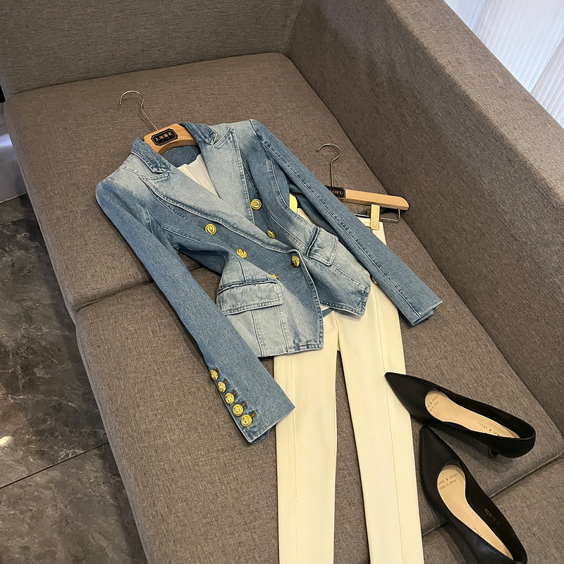 European Goods 2026 European and American Celebrity Slim-Fit Double-Breasted Lion Button Denim Blazer A9747 Long-Sleeve Commuter Style