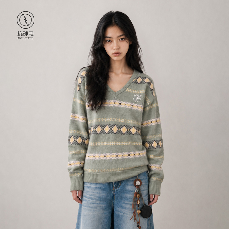 Nstnew Start Germination Project Retro Pattern Green Sweater Fair Isle Jacquard V-Neck Short Knitted Sweater