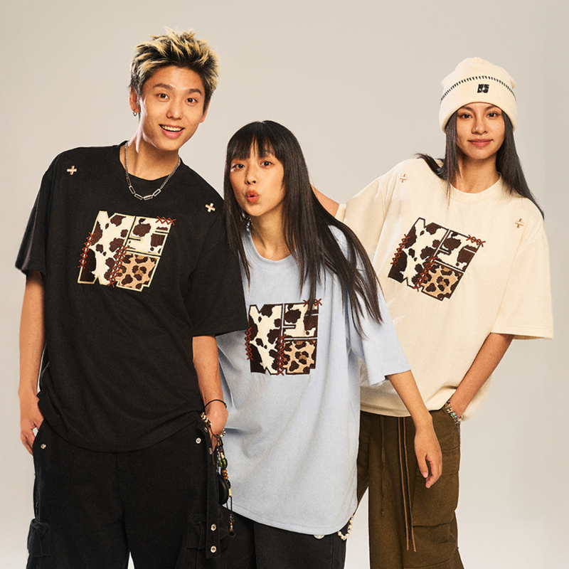 Nstnew Start Germination Project Suede Cow Print Patch Embroidery Design Trendy Brand Loose Short Sleeve T-Shirt