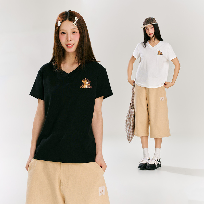 Nstnew Start Germination Project Embrace the Kitten Embroidered American V-Neck Short Sleeve T-Shirt for Women Casual Versatile Top