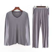 Mens V-collar autumn long sleeve trousers set loose size modal pajamas thin home clothes autumn clothes can be worn outside