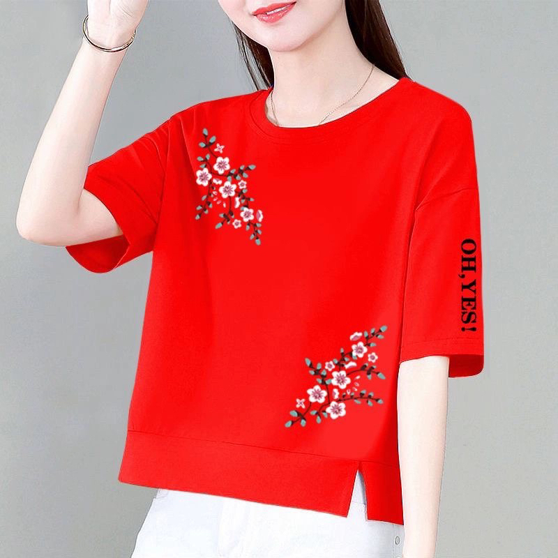 Pure Cotton Short-Sleeved Sweatshirt for Women, New Trendy Summer Loose Slimming Printed T-Shirt, Short Round Neck Top, Women's T-Shirt