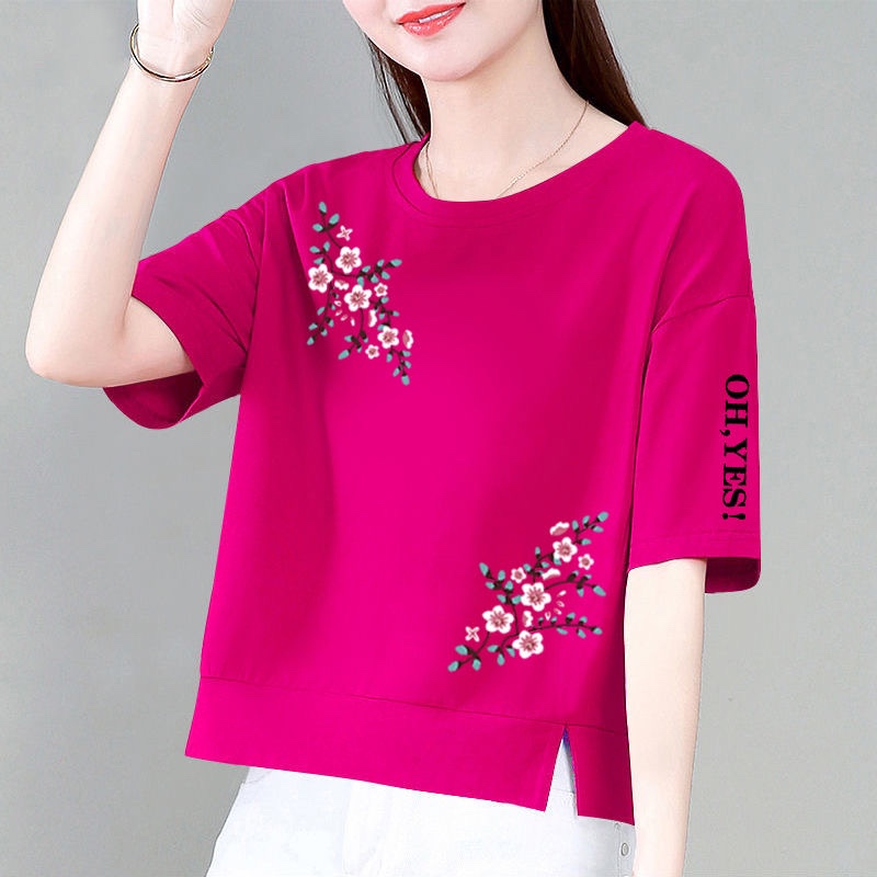 Pure Cotton Short-Sleeved Sweatshirt for Women, New Trendy Summer Loose Slimming Printed T-Shirt, Short Round Neck Top, Women's T-Shirt