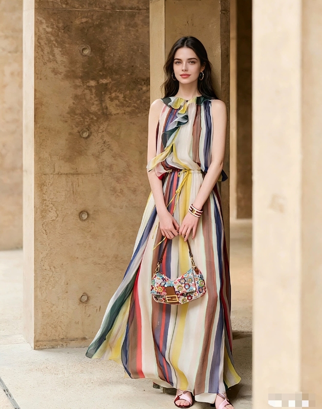 European and American Celebrity Style Rainbow Flared Dress for Women, New Summer French-Style Dress with Ruffles, Vacation Style Long Dress