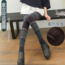 Japanese retro totem pattern striped leggings womens autumn and winter wear thickened nine-point warm plus velvet cotton pants winter