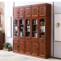 Solid wood bookcase integrated by wall containing cabinet with lock Chinese style bookcase overall lockers plus top with glass door bookcase
