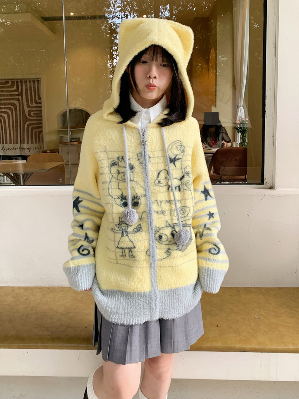 Cokostore Original Cute Graffiti Print Sweater Faux Mink Loose Hooded Knit Jacket