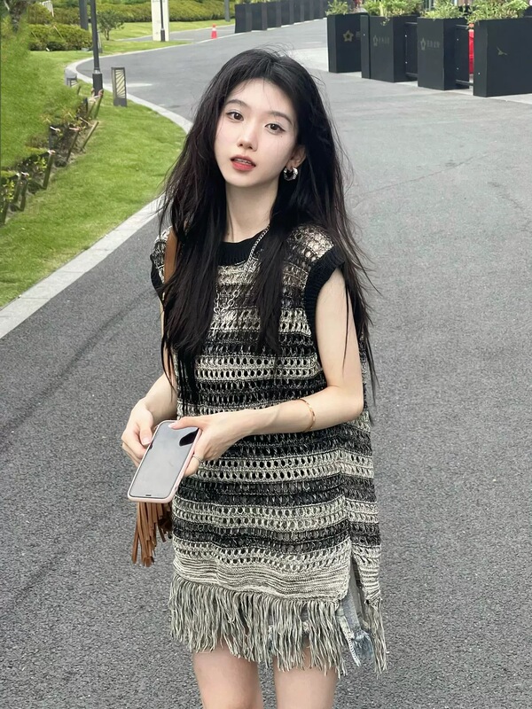 Hollow Striped Sleeveless Knitted Vest Dress for Women, Summer Sanya Seaside Vacation Style Tassel Short Skirt Beach Dress