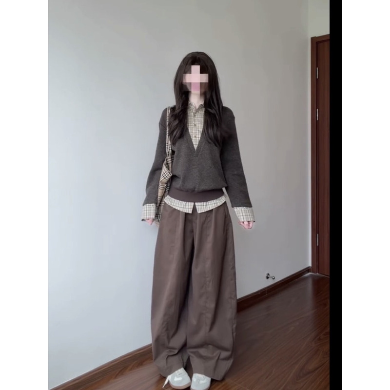 American-Style Patchwork Plaid Collar Fake Two-Piece Knitted Sweater for Women, Autumn Loose Fit, Slimming Design, Versatile and Lazy Top