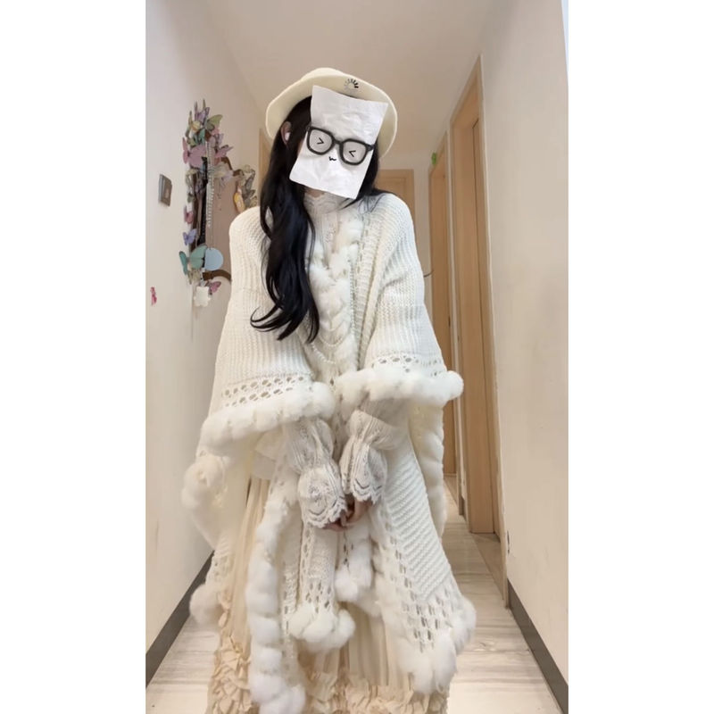 High-End Versatile Stylish White Long Cape Coat for Adults 2026 New Style Cape Sweater Coat for Women