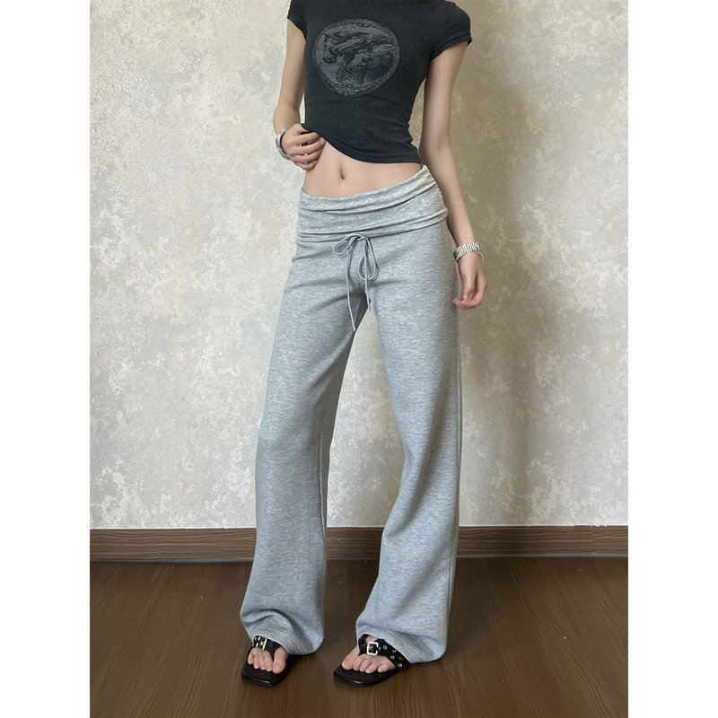 Marmroo American Retro Gray Drawstring Sweatpants for Women, Low-Waist Slimming Wide-Leg Pants, Loose and Casual Sports Trousers