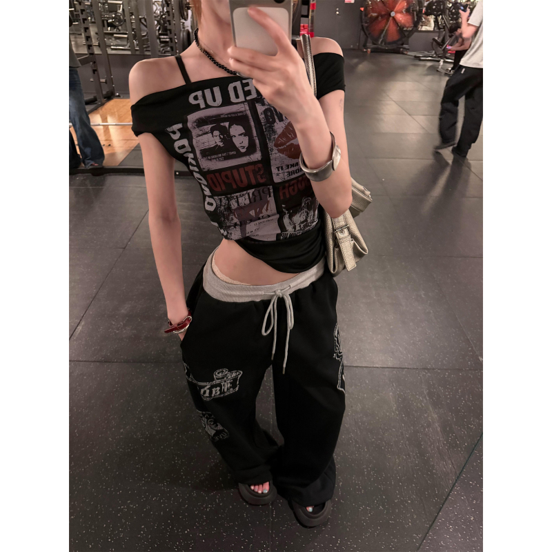 Marmroo American Retro Y2K Printed Wide-Leg Pants for Women, Black Drawstring Casual Pants, Loose Slimming Hot Girl Long Pants