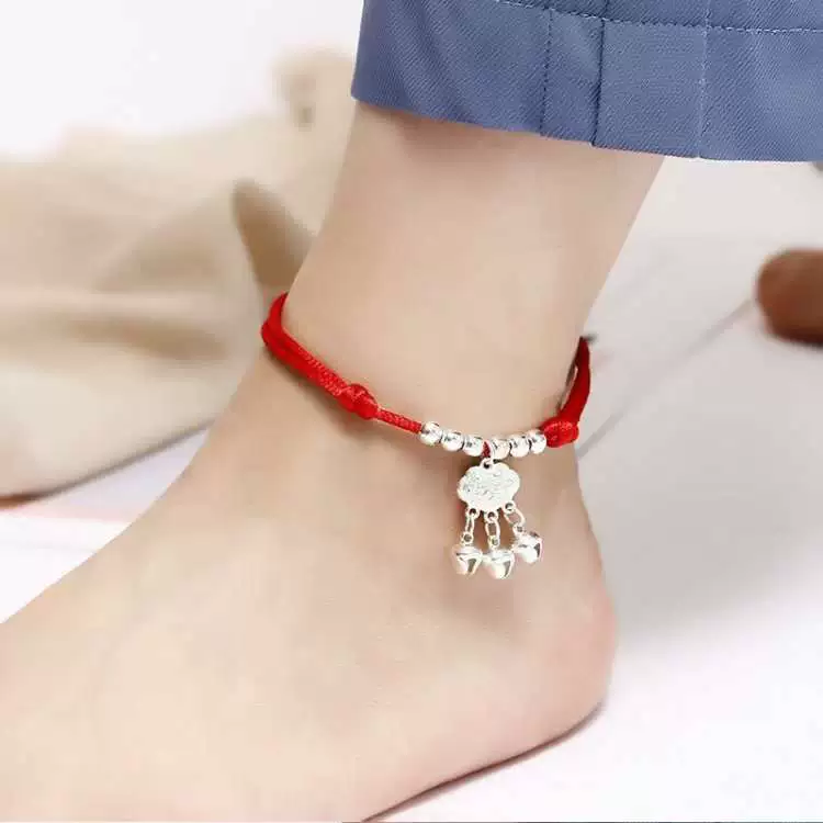 Vòng cổ chân Nữ tính Hàn Quốc Vòng chân đơn giản Chuỗi màu đỏ Học sinh dễ thương Chuông đỏ Mã não bện bện Vòng cổ chân có thể điều chỉnh - Vòng chân