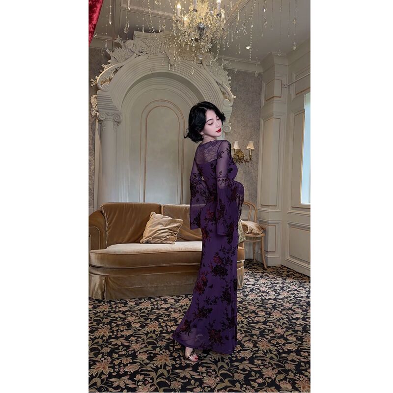 Lyxj【Autumn Purple Iris】2026 Niche Design Three-Dimensional Velvet Flower Lace Patchwork Dress 13419 Lyxj【Autumn Purple Iris】2026 Niche Design Three-Dimensional Velvet Flower Lace Patchwork Dress 13419