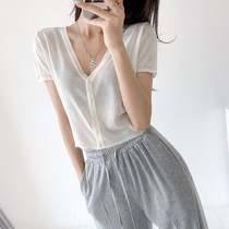 Summer Knit Woman Cardiovert Short Sleeve Womens Clothing T-shirt Slim Fit Sunscreen External Hitch Air Conditioning Sweatshirt Shorts Pure Color Blouse