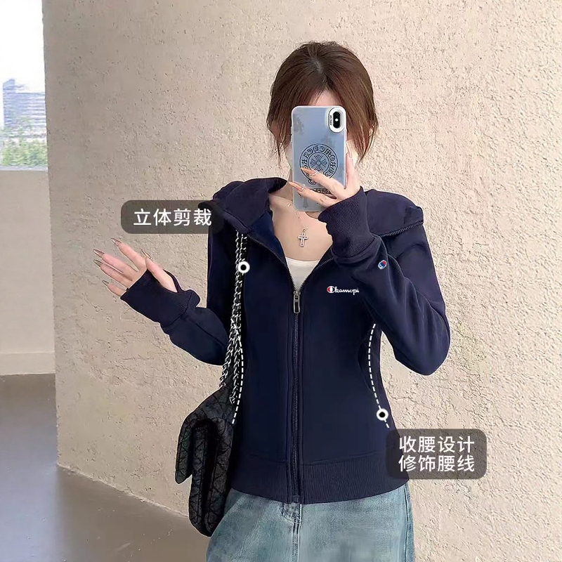 Champion Navy Blue Sweatshirt Jacket for Women 2025 Autumn Slim Fit Sporty Korean Style Hooded Cardigan Top