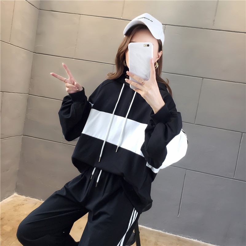 VK旗艦店 韓系百搭拼色連帽薄款寬鬆單品長袖上衣