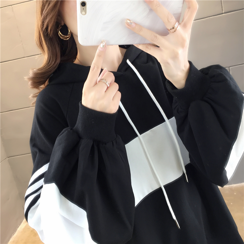 VK旗艦店 韓系百搭拼色連帽薄款寬鬆單品長袖上衣