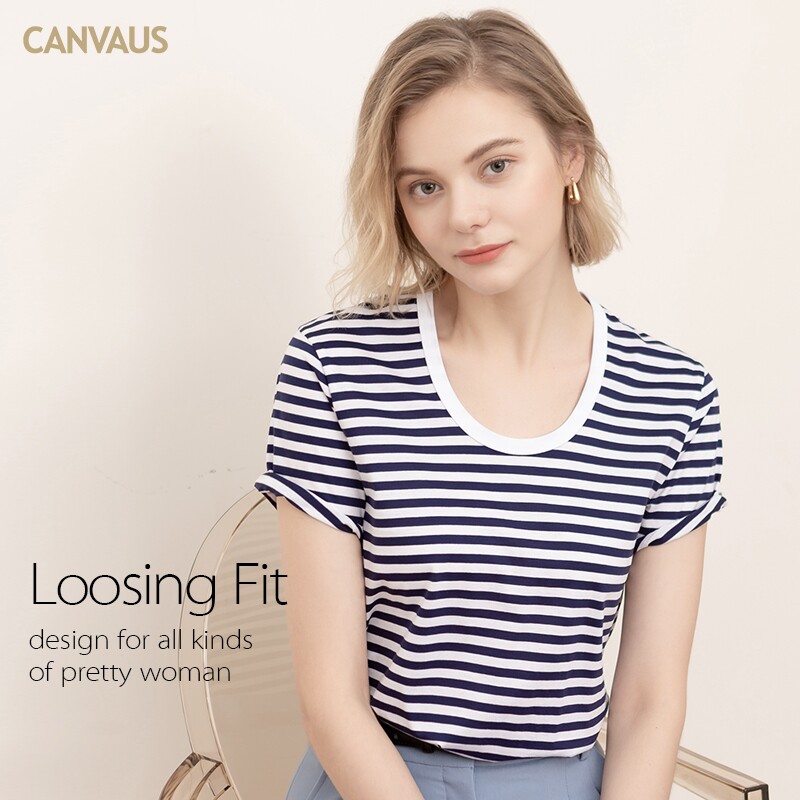 CANVAUS new short sleeve T-shirt female tennis red ins surge collar loose stripe Coloured U-style collar foreign blouse summer