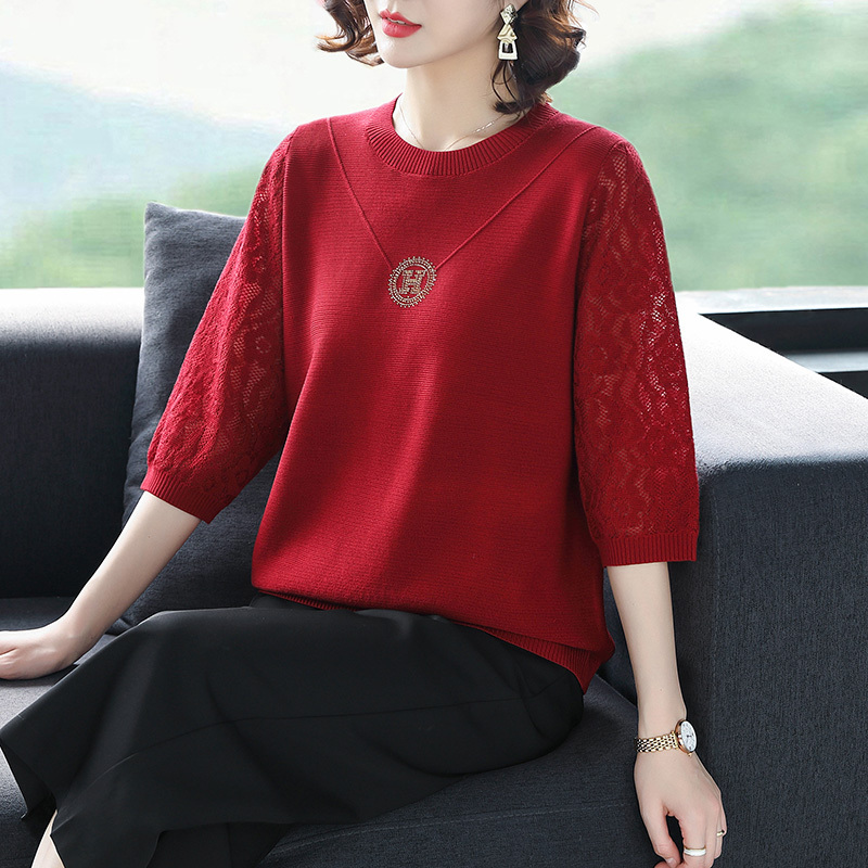Three-Quarter Sleeve Mother's Clothing Round Neck T-Shirt Middle-Aged and Elderly Women's Lace Hollow Design Top Red Knitwear